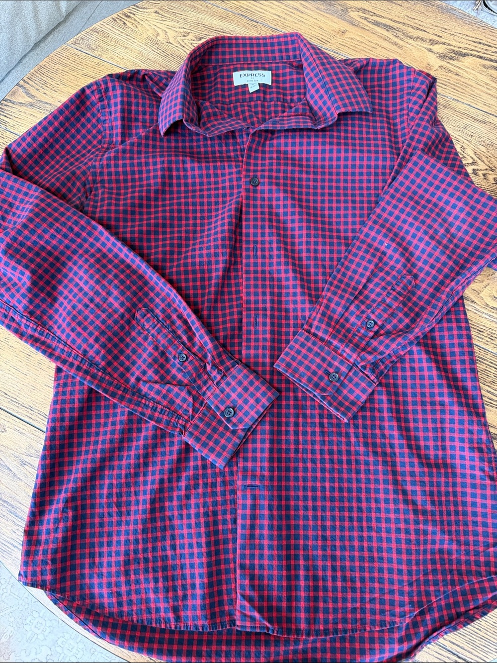 Express Red and Blue Check Long-Sleeve Button-Up Shirt